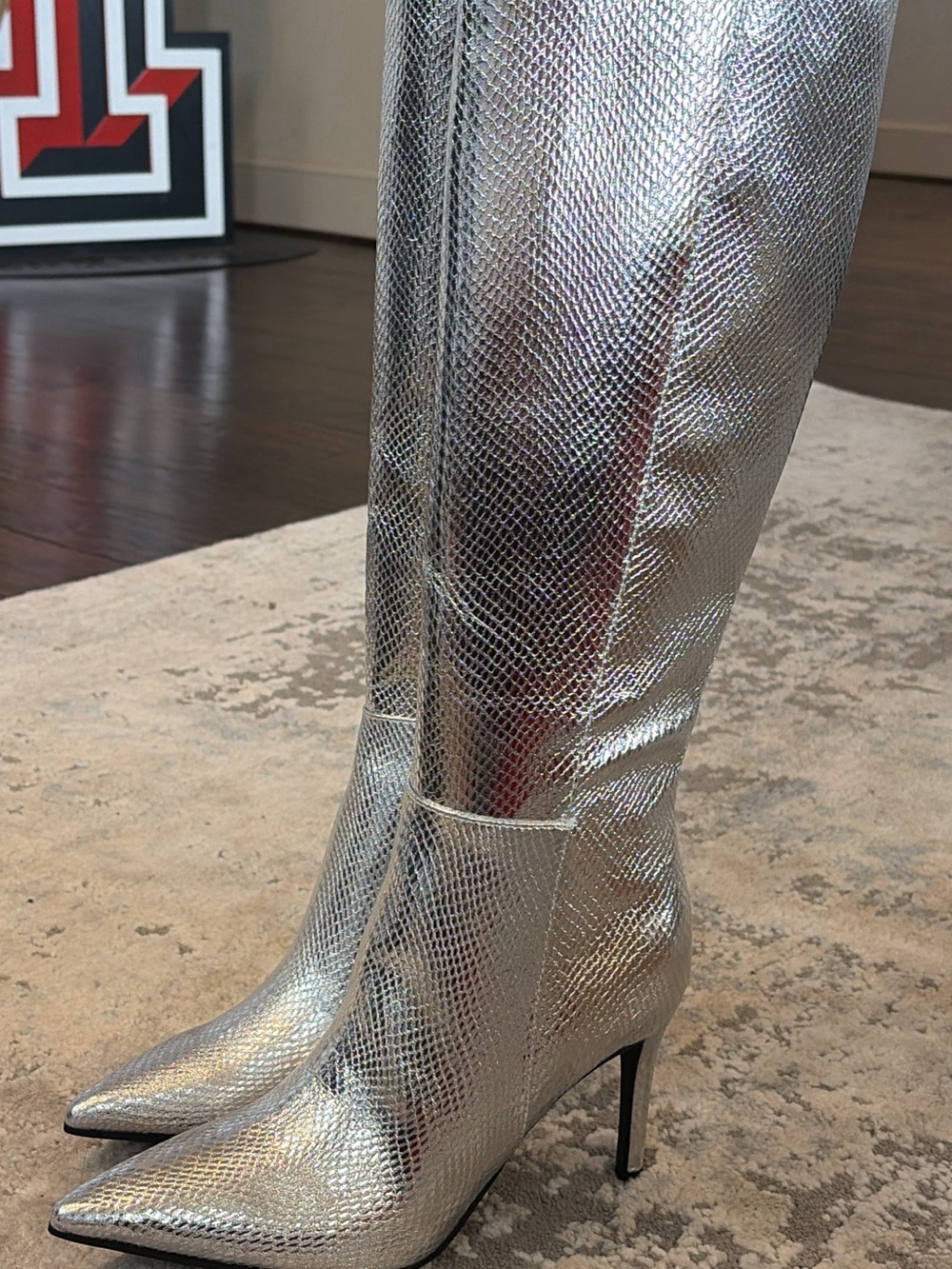 Guess Silver Metallic Pointed-Toe Knee-High Stiletto Boots